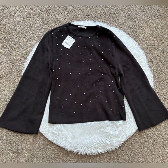 Zara Trafaluc Top New Faux Pearl Front Wide Sleeves Soft Black Womens Size Small - Picture 1 of 7